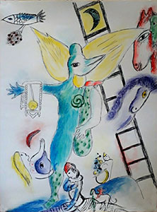 Dessin d'un oiseau-homme inspiré par Chagall